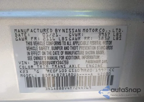 2021 Nissan Sentra S Xtronic Cvt z USA, uszkodzony, nr VIN 3N1AB8BV4MY244769